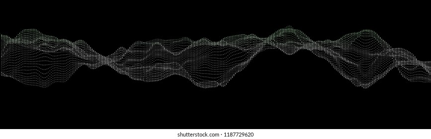 Vector illustration of a dotted pattern resembling sound waves against black background. Creative geometric backdrop. Modern concept. Abstract wavy pattern.