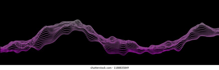 Vector illustration of a dotted pattern resembling sound waves against black background. Creative geometric backdrop. Modern concept. Abstract wavy pattern.