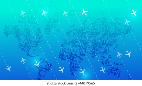A vector illustration of a dotted world map with airplanes flying across it. Concept for global travel, international business, aviation, and logistics.