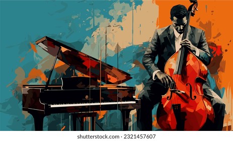 Vector illustration Double bass and piano player. Jazz or classic musicians
