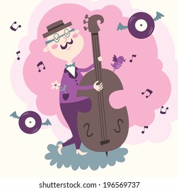 Vector illustration of double bass player in purple