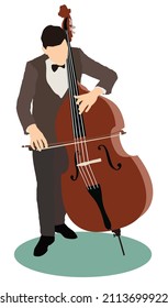 vector illustration of Double bass player. Hands playing contrabass 