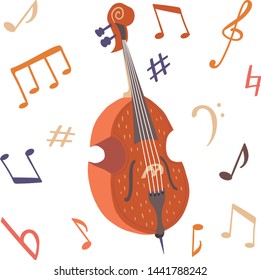 Vector illustration of a double bass. Set of musical symbols. Warm colors