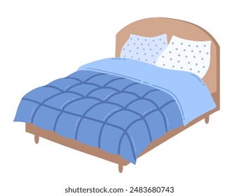 Vector illustration of double Bed with pillows and blanket