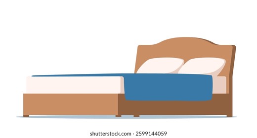 Vector illustration of double Bed with pillows and blanket.