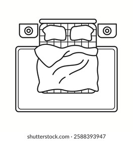 Vector illustration of a double bed in top view with pillows and a slightly folded blanket. Ideal for interior design layouts and bedroom planning.