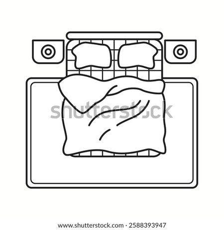 Vector illustration of a double bed in top view with pillows and a slightly folded blanket. Ideal for interior design layouts and bedroom planning.
