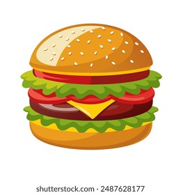 Vector illustration of a double cheeseburger or hamburger with layers of cheese, juicy meat and fresh vegetables. Designed in a bright, playful style and ideal for food and menu advertising.