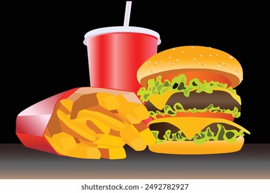 A vector illustration of a double cheeseburger with two beef patties, cheese, lettuce, and tomato on a sesame seed bun, accompanied by French fries and a red soda cup.