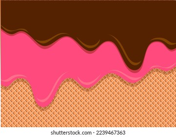 vector illustration of double chocolate and strawberry ice cream melted on vanilla waffle cone background