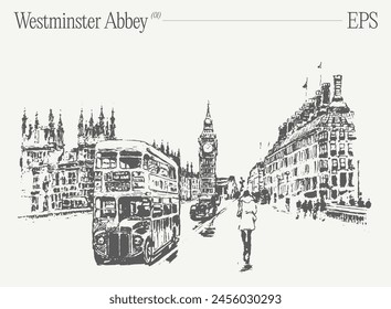 Vektorillustration eines Doppeldeckerbusses mit Westminster Abbey in London