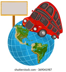 Vector illustration of a double decker bus on a planet and with an empty banner - travel icon