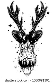 Vector illustration of double exposure deer with mountains, forest and night sky. Can be used for tattoo, greeting card, t shirt print, souvenir products and phone case.