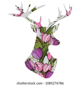 Vector illustration of double exposure deer with tulips