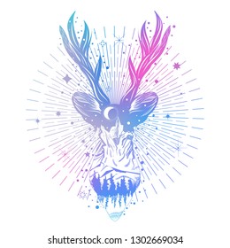 Vector illustration of double exposure deer with mountains, forest and night sky. Can be used for tattoo, greeting card, t shirt print,phone case.