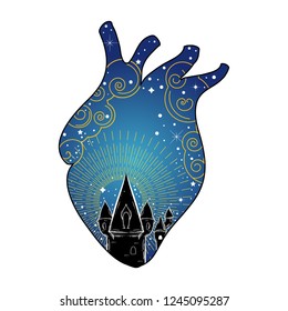 Vector illustration with double exposure effect. Heart with old town inside. Van gogh's motifs.