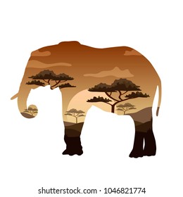 Vector illustration Double exposure. Elephant wildlife concept