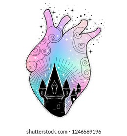 Vector illustration in double exposure style with heart and castle inside. Pastel goth motifs.