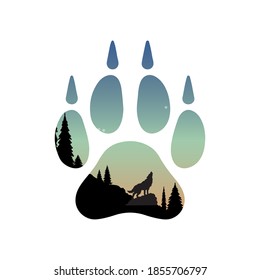 vector illustration of double exposure wolf footprint with silhouette view