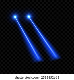 Vector illustration of double laser beams blue neon color. Bright flashes from eyes. Energy effect. For entertainment and technology concepts. Dark isolated transparent background.