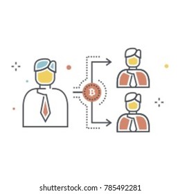 Vector illustration of double spending concept. The idea of paying same bitcoin to two different users. Modern linear icon style.