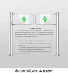 Vector illustration of double turnstile with green arrows. Double metallic turnstile with indicators and green arrow entrance sign. Isolated vector illustration on gray background with sample text.