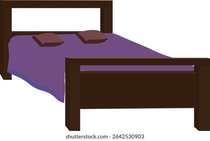 Vector Illustration of Double Wooden Bed with Purple Blanket and Pillows – Minimalist Modern Bedroom Furniture for Interior Design, Isolated on White Background	
