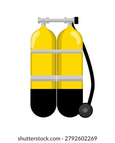 Vector illustration of a double yellow scuba diving oxygen cylinders pack. Isolated flat cartoon object for underwater breath equipment.