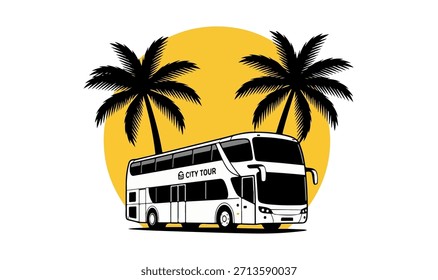 Ilustración vectorial de un autobús turístico de dos pisos situado contra un Grande círculo amarillo que representa el sol, flanqueado por dos palmeras estilizadas, que simbolizan los viajes tropicales y las aventuras turísticas.