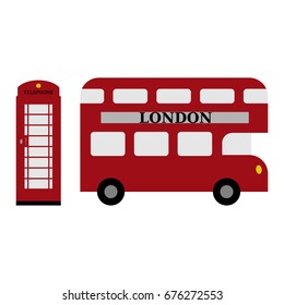 Vector illustration of a double-Decker red bus and red telephone booth