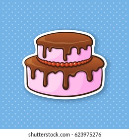 Vector illustration. Double-tiered cream cake with chocolate glaze. Sticker in cartoon style with contour. For greeting cards, patches, prints for clothes, badges, posters, menus