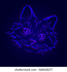 Vector illustration of doubly blue contour cat on the mazarine background.