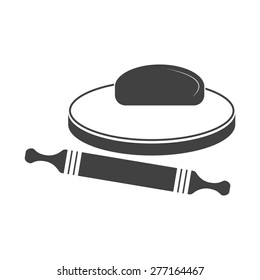 Vector illustration of dough and rolling pin on a wooden board. Icon on white background.