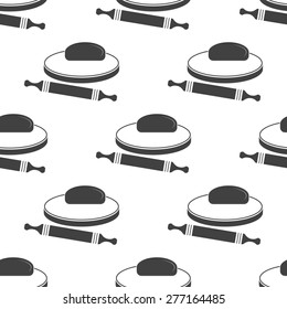Vector illustration of dough and rolling pin on a wooden board. Icon on white background. Seamless pattern.
