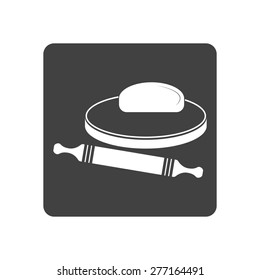 Vector illustration of dough and rolling pin on a wooden board. Icon on white background. Button.