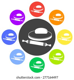 Vector illustration of dough and rolling pin on a wooden board. Icon on white background. Set color flat design. Round.