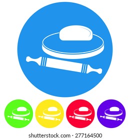 Vector illustration of dough and rolling pin on a wooden board. Icon on white background. Set color flat design. Round.