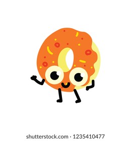 Vector illustration of doughnut cartoon character - cute emoticon of sweet fresh baked dessert glazed with orange frosting and decorated isolated on white background in flat style.
