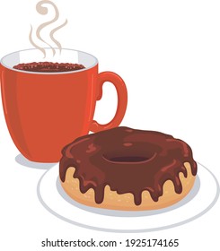 Vector Illustration of a Doughnut Chocolate with Mug of Hot Coffee 