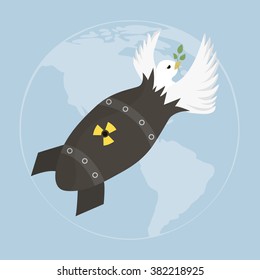 Vector illustration with dove and atomic bomb on blue sky. Template for International peace day