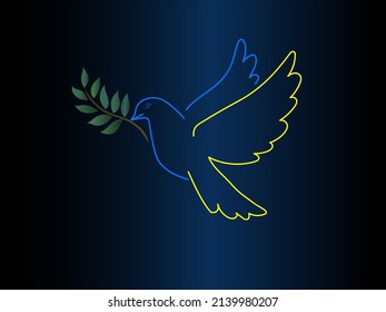 vector illustration of dove with blue and yellow colors near green leaves on dark background