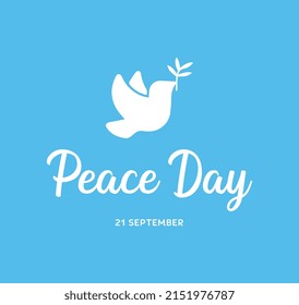 Vector illustration of dove with branch on blue background. Handwritten typography.