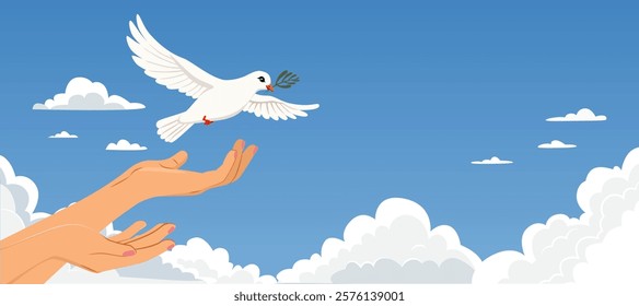 Vector illustration of a dove flying with an olive branch in its beak on blue sky background with clouds. International Peace Day card