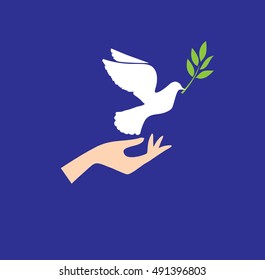 vector illustration of a dove flying with olive branch and human hand peace concept