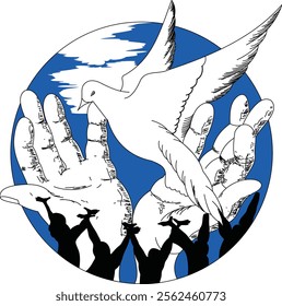 Vector illustration of a dove and human hands symbolizing freedom, peace, and hope. A powerful and inspiring design representing harmony, liberation, and unity in a minimalist art style