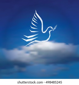 vector illustration with dove with olive branch on cloudy sky, peaceful background