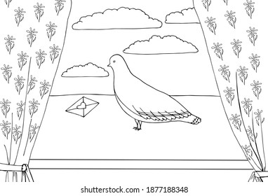 Vektorgrafik mit einer Taube auf dem Fenster und einem Brief mit einem Herz. Farbbuch mit einem Vogel auf dem Fensterbrett. Geeignet für Postkarte, Webdesign, Buch, Druck, Banner.