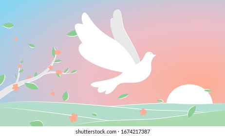 Vector illustration of a dove of peace flying on a beautiful landscape among the leaves. Concept drawing of a peace with a dove on a gradient background. Peaceful place concept