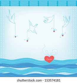 vector illustration. Doves fly over the sea and keep hearts. sea style