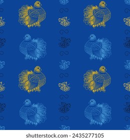 Vector illustration doves outline, rowan pattern, simple, in blue, yellow